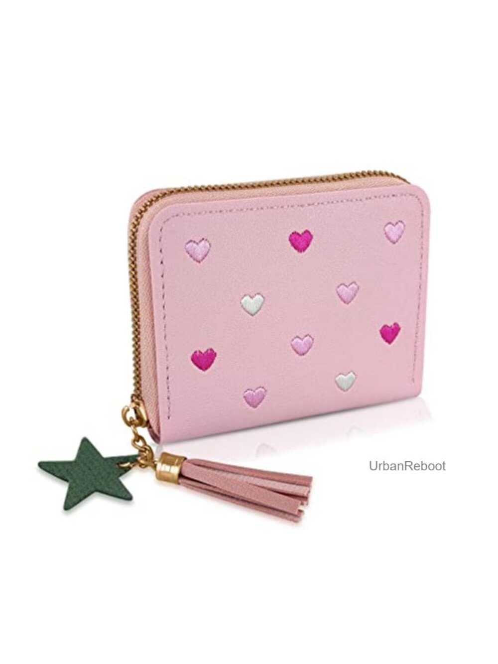 PU Leather Wallet With Card Slots Zipper Coin Pocket Heart Embroidery